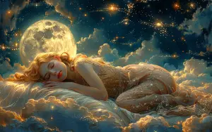 Dreaming Woman Sleeping Amidst Magical Stars and Full Moon