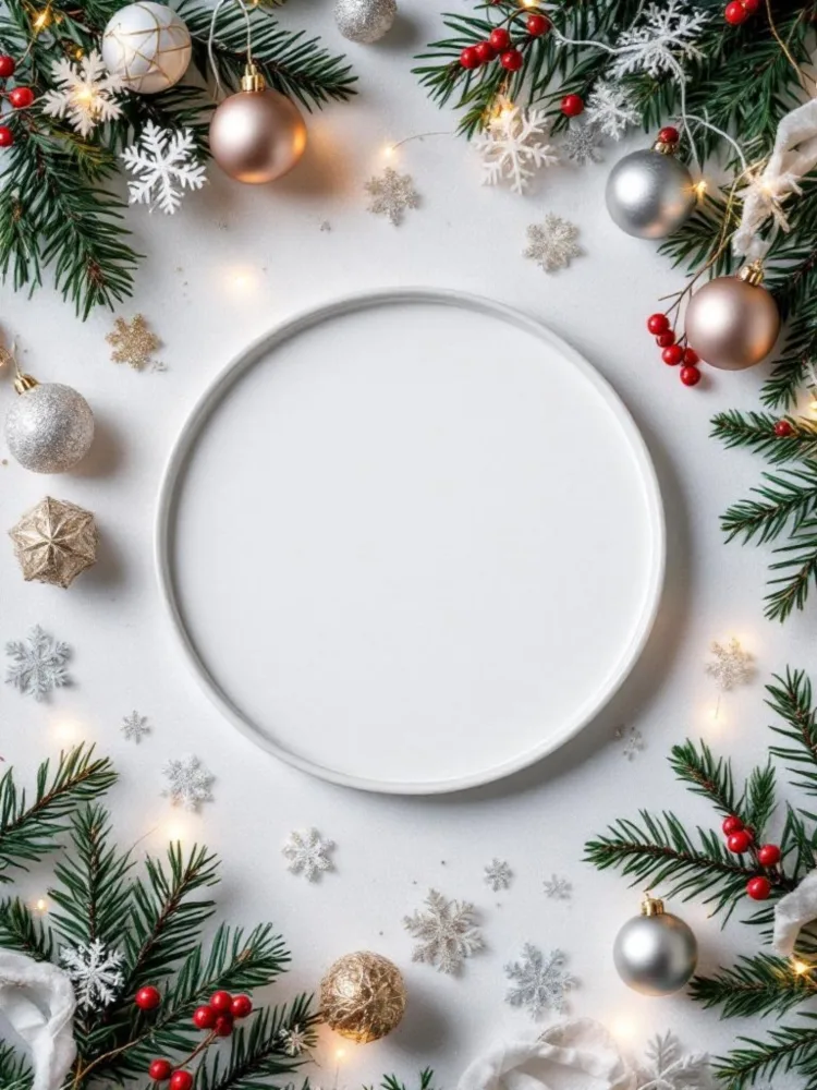 Christmas Holiday Frame with Pine Branches and Ornaments