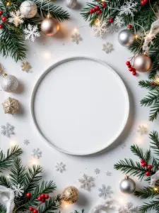 Christmas Holiday Frame with Pine Branches and Ornaments
