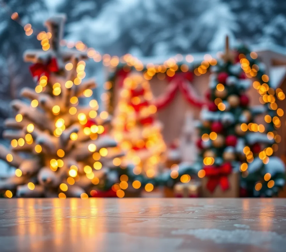 Blurred Christmas Trees with Festive Lights and Decorations