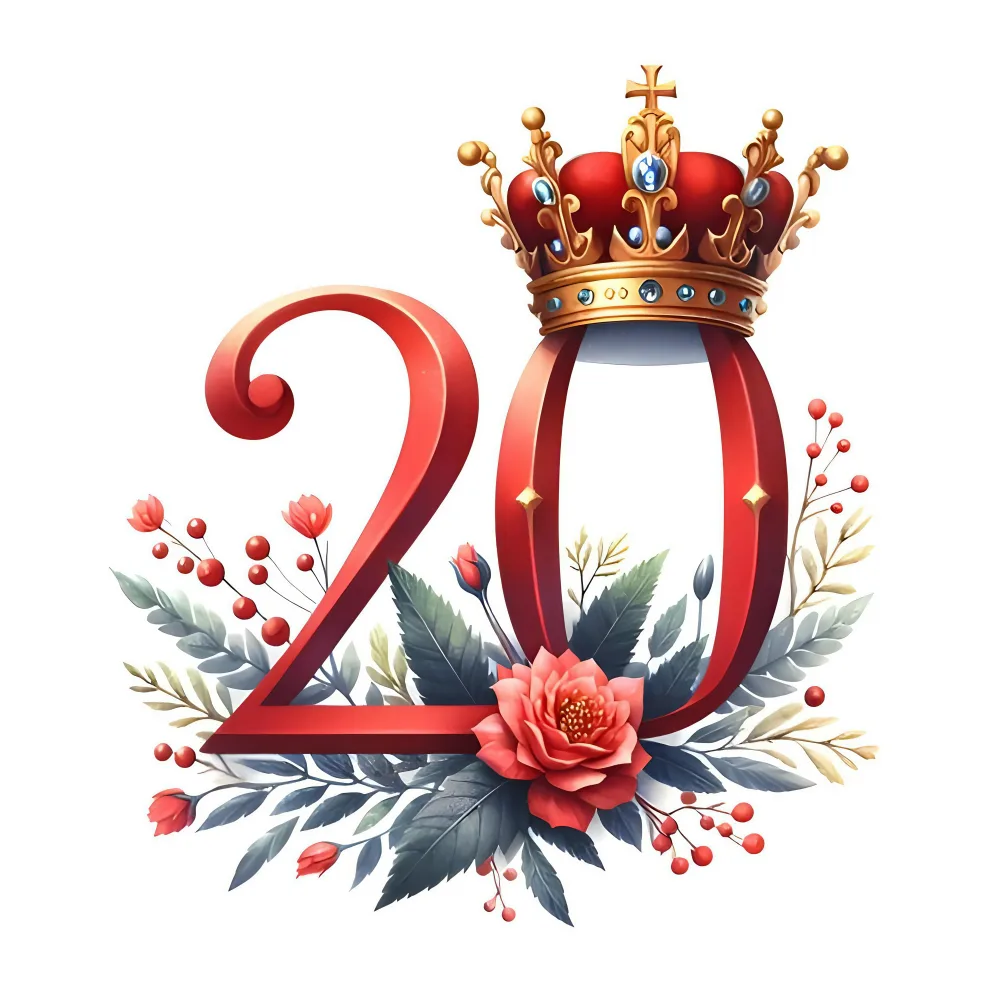 Elegant 20th Anniversary Number with Crown and Floral Decoration