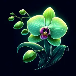 Glowing Green Orchid with Blossoming Buds on Dark Background