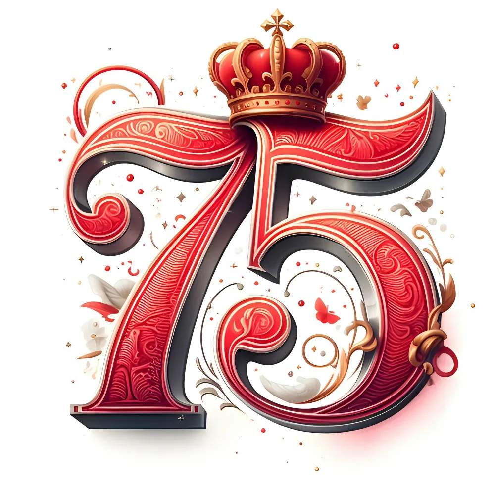Ornate Red Number 75 with Royal Crown and Decorative Accents