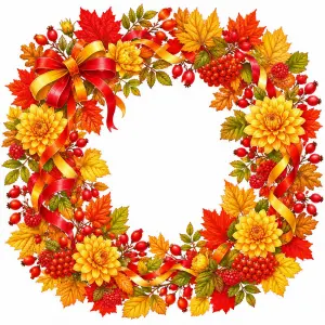 Autumn Harvest Wreath with Fall Leaves and Flowers