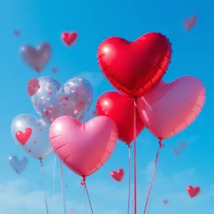 Heart Shaped Balloons Floating on Blue Sky