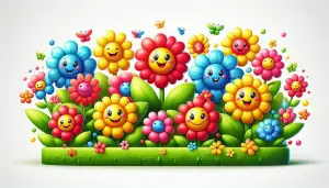 Colorful Smiling Cartoon Flowers in Greenery with Butterflies