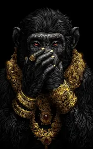 Ornate Black Monkey Wearing Gold Jewelry Covering Mouth