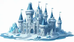 Winter Snow Castle with Blue Towers and Icy Landscape