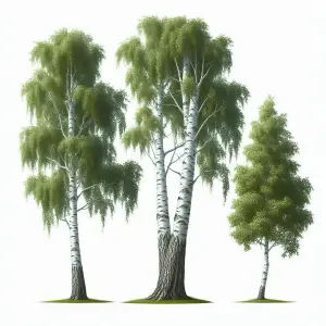 Three Green Birch Trees with White Bark on White Background