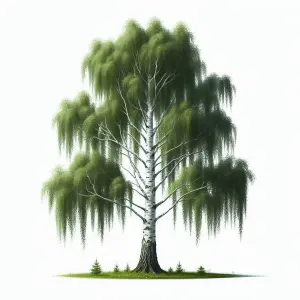 Birch Tree with Weeping Green Foliage on Grass