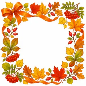 Autumn Leaves and Berries Border with Orange Ribbon Bow