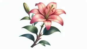 Pink Lily Flower with Bud and Leaves Illustration
