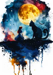 Surreal Night Scene with Girl and Cat Silhouette under Full Moon