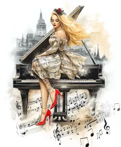 Artistic Illustration of Woman in Musical Note Dress Sitting on Grand Piano