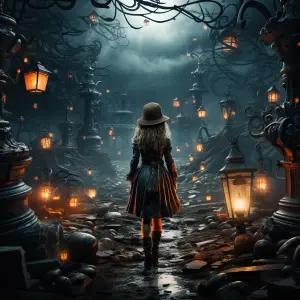 Mysterious Young Girl Walking Through Haunted Lantern-Lit Pathway