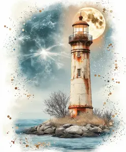 Rustic Lighthouse on Rocky Shore Under Full Moon