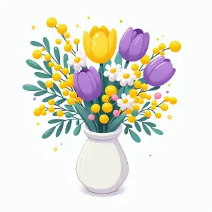 Vibrant Bouquet with Yellow and Purple Flowers in White Vase