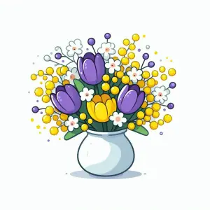 Colorful Bouquet of Purple Tulips and Yellow Flowers in White Vase