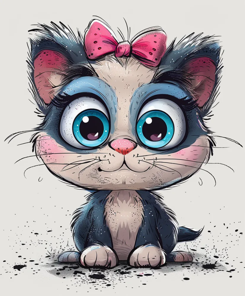 Cute Cartoon Kitten with Pink Bow and Big Blue Eyes