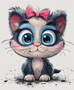 Cute Cartoon Kitten with Pink Bow and Big Blue Eyes