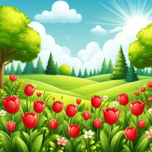 Sunny Spring Landscape with Red Tulip Flowers and Green Hills