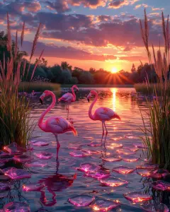 Flamingos at Sunset in a Serene Lake with Reflective Lilies
