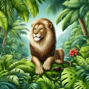 Majestic Lion Resting in Tropical Jungle