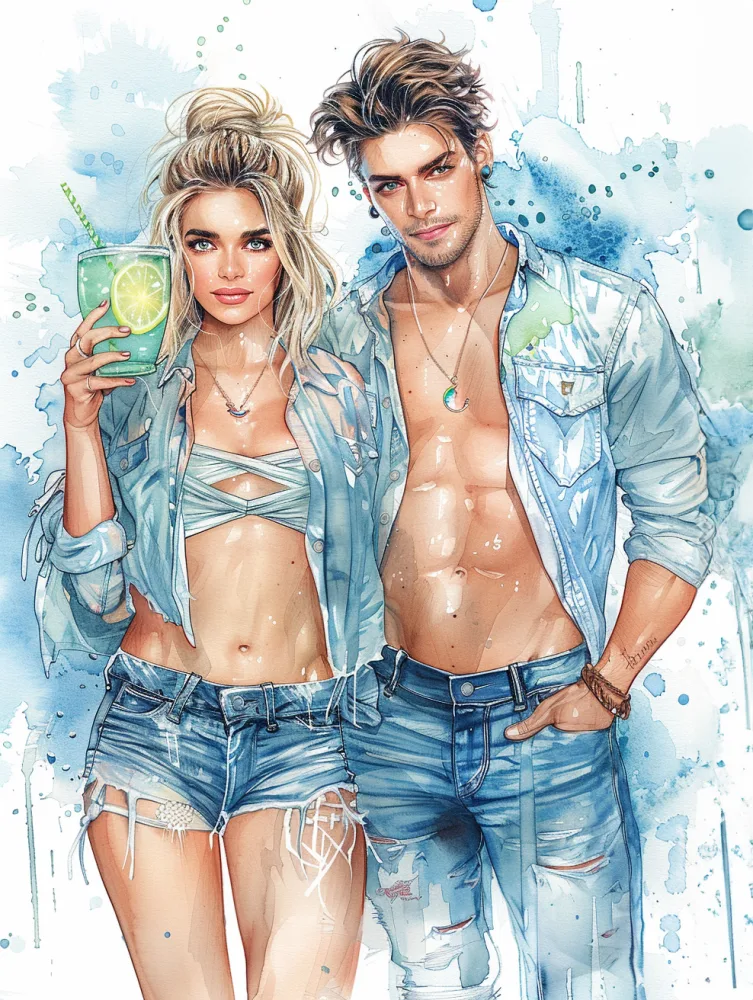 Stylish Young Couple in Denim with Summer Drink