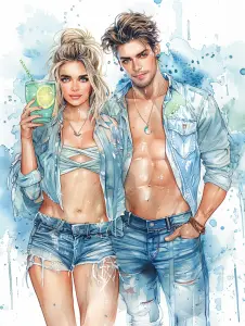 Stylish Young Couple in Denim with Summer Drink