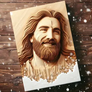 Intricately Carved Wooden Portrait of a Smiling Bearded Man with Long Hair