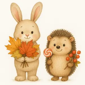 Cute Bunny and Hedgehog Holding Autumn Leaves and Berries Illustration