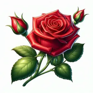 Illustration of a Red Rose with Two Rosebuds and Green Leaves
