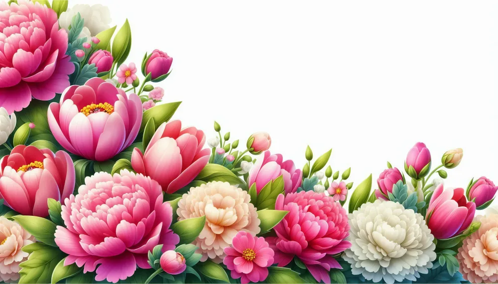Vibrant Pink and White Peony Flower Border with Green Leaves