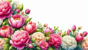 Vibrant Pink and White Peony Flower Border with Green Leaves