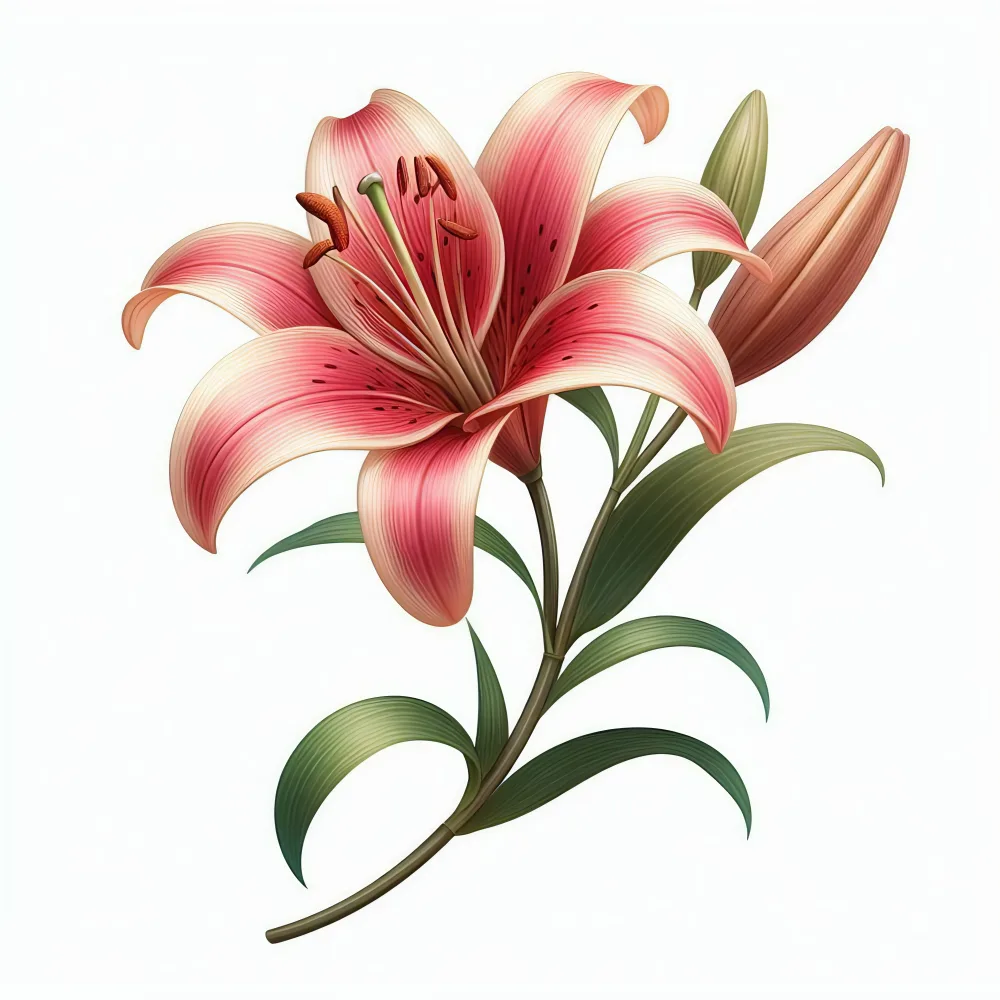Close-up of Pink Asiatic Lily with Bud and Leaves