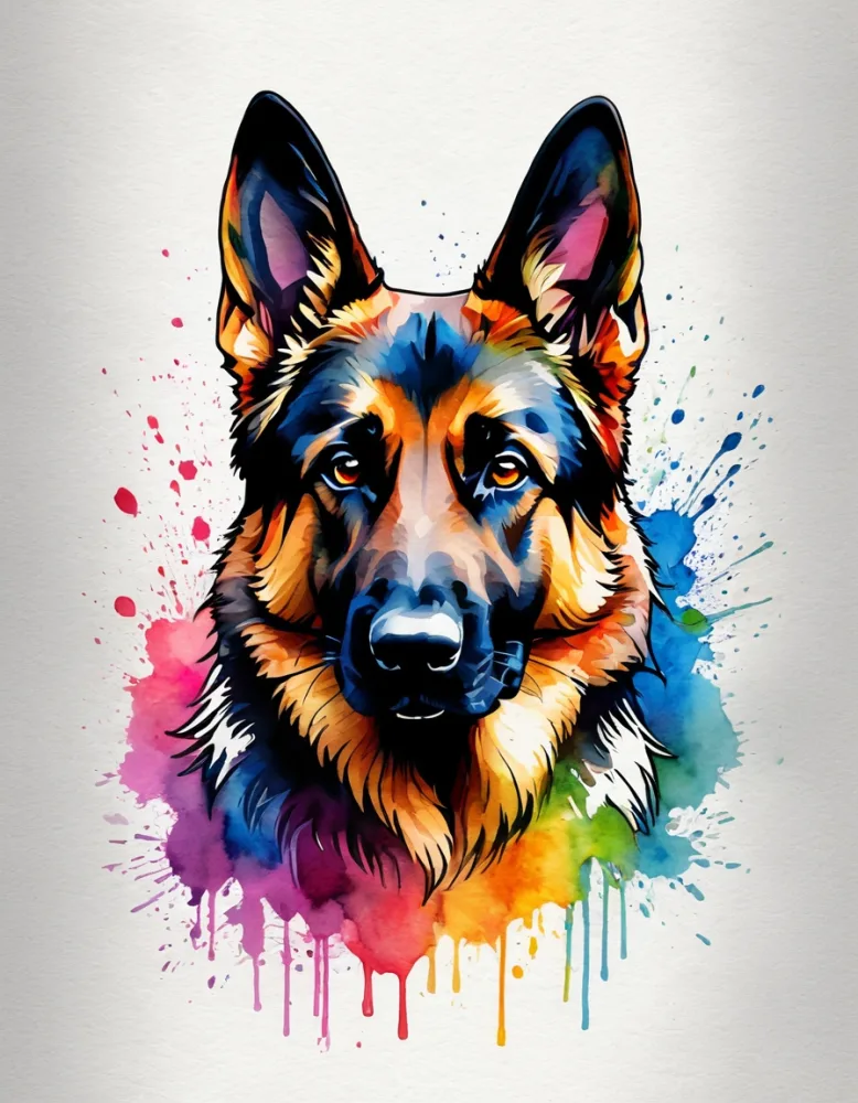 Colorful Watercolor Portrait of a German Shepherd Dog