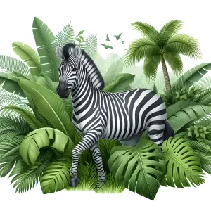 Zebra in Lush Tropical Jungle Illustration
