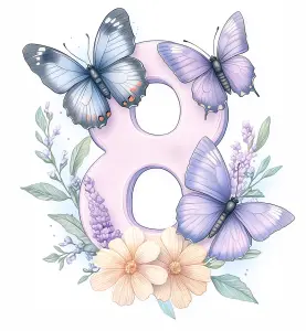 Number Eight with Purple Butterflies and Floral Decoration