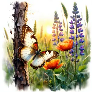Butterfly Resting on Tree Trunk Amid Wildflowers at Sunset