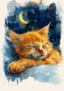 Sleeping Ginger Kitten Under a Starry Night Sky with Crescent Moon