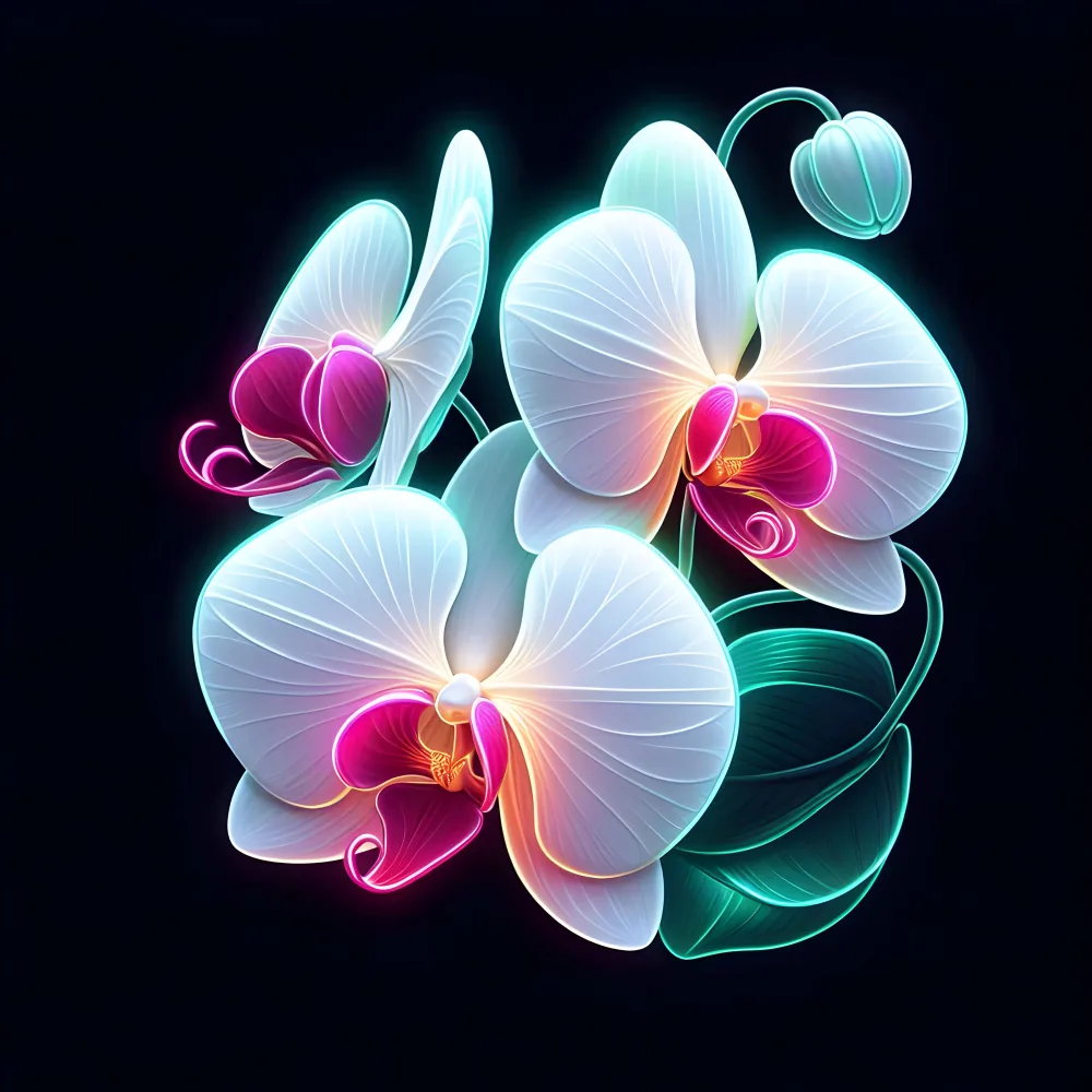 Glowing White and Purple Orchid Flowers on Dark Background