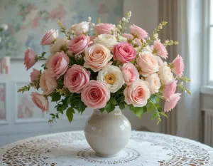 Bouquet of Pink and White Roses in White Vase on Lace Tablecloth