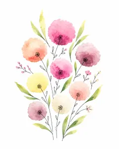 Delicate Watercolor Floral Bouquet with Soft Pastel Flowers and Green Leaves