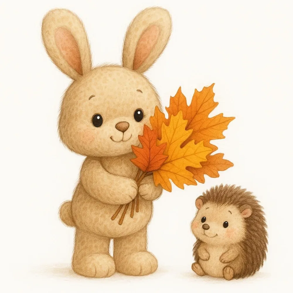 Cute Bunny and Hedgehog Holding Autumn Leaves Illustration