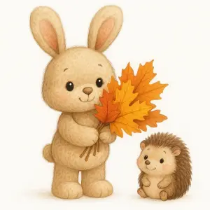 Cute Bunny and Hedgehog Holding Autumn Leaves Illustration