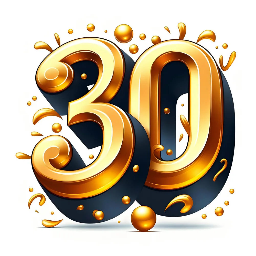 3D Golden Number 30 with Decorative Splashes