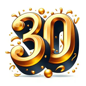 3D Golden Number 30 with Decorative Splashes