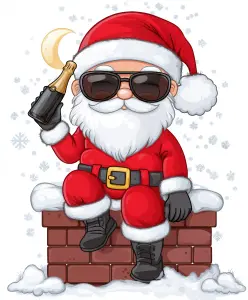 Cool Santa Claus Sitting on Snowy Chimney with Champagne Bottle