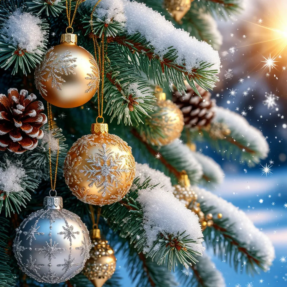 Snow-Covered Christmas Tree Branches with Golden and Silver Ornaments