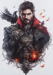 Dark Fantasy Warrior with Crow and Flaming Skull Emblem